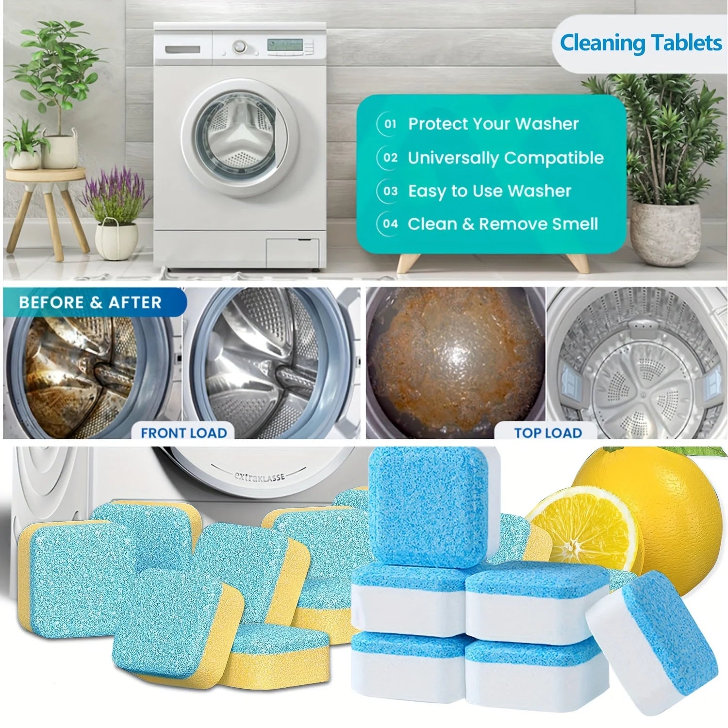 Washing Machine Cleaner Tablets 5/25/35 Count, Lemon Scent, Deep Cleaning, Dirt Remover, Clean Laundry Washer Drum and Tub